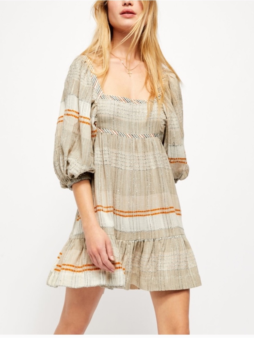 Free People All Lined Up Mini Dress Square-Neck Puff Sleeve Dress Size S euc